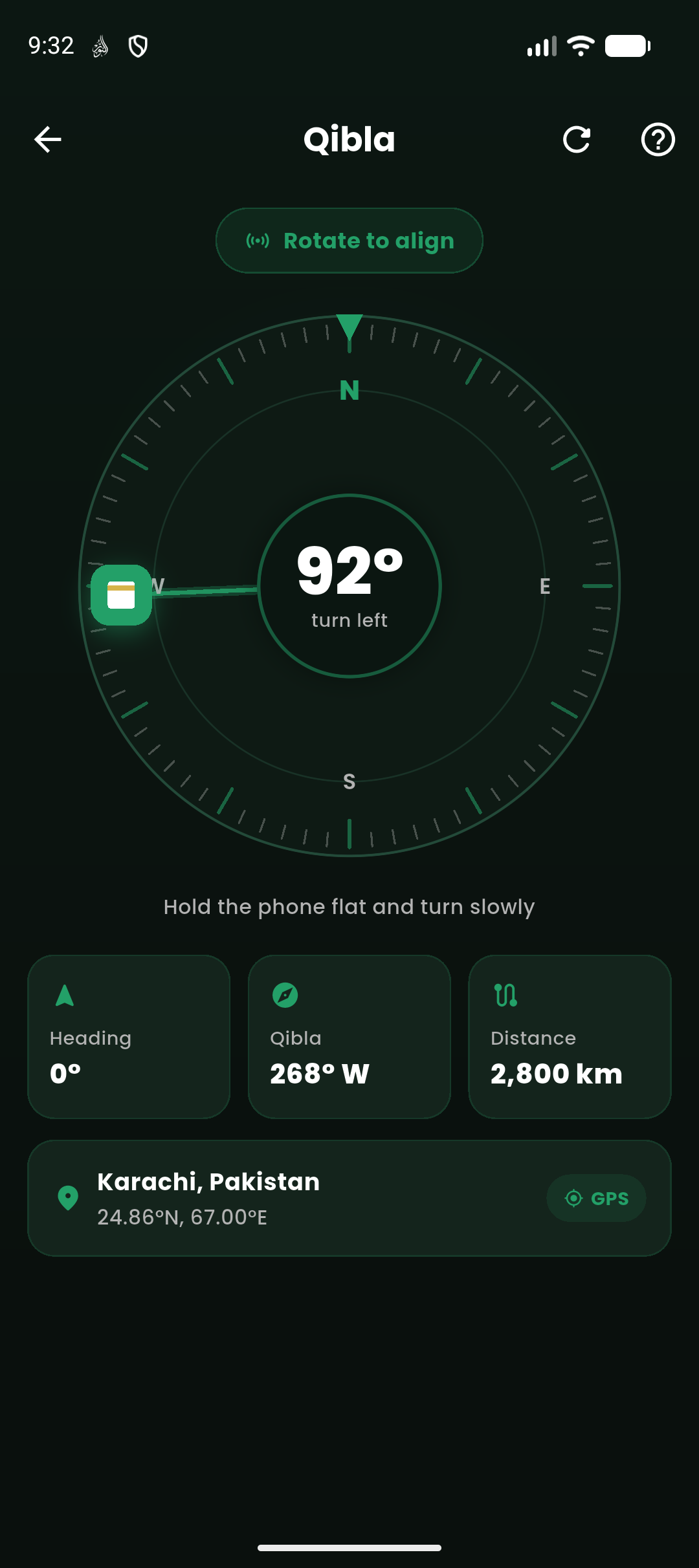 Qibla compass — A precise compass that points to the Kaaba using your device sensors, with a map fallback anywhere on earth.